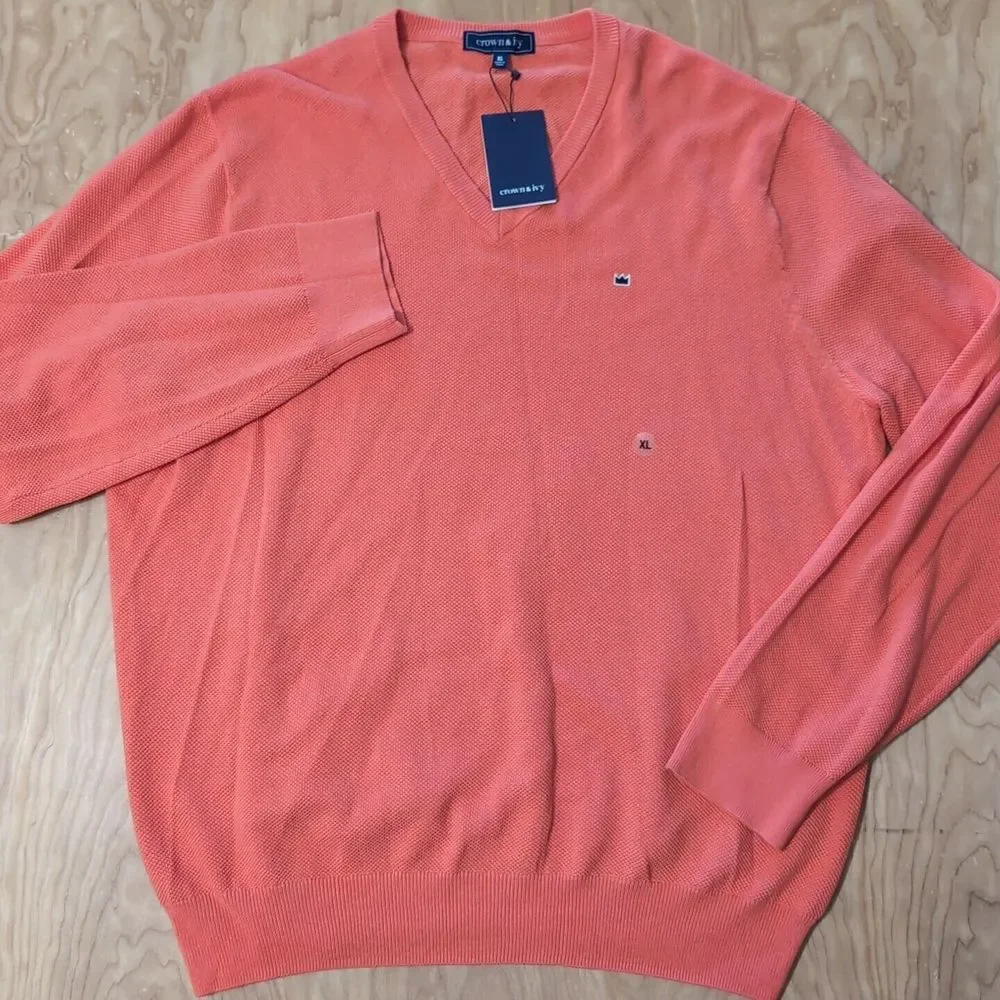 NEW Crown & Ivy Men's V‎ Neck Cashmere Blend Pullover Sweater Peach Coralista